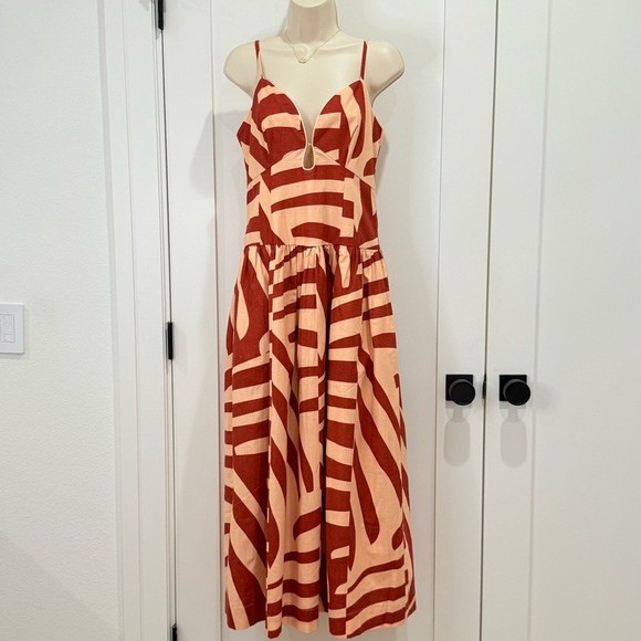 Mon Renn Surreal Midi Dress Tropico Print Red Medium Drop Waist Cotton Vacation - Picture 2 of 16